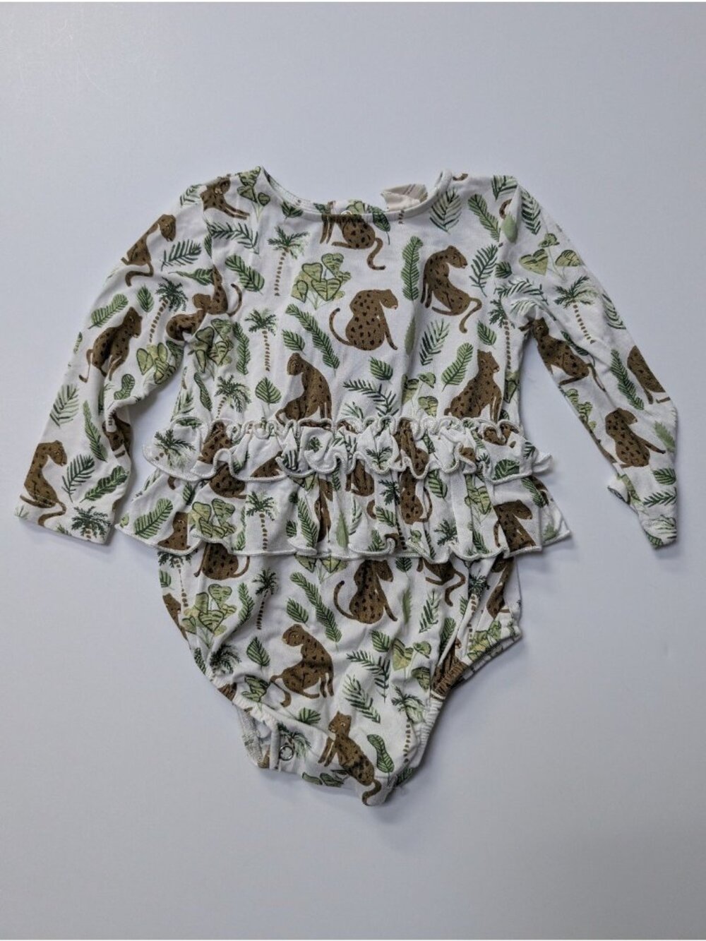 Kate Quinn Bamboo Cheetah Leopard Ruffle Bubble Bodysuit 3-6 Jungle